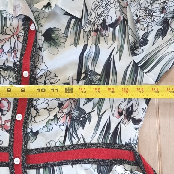 NEW Extelle Floral Print Birds Flowy Tie Back Red Sparkle Collar Button-Up Dress - Picture 9 of 11